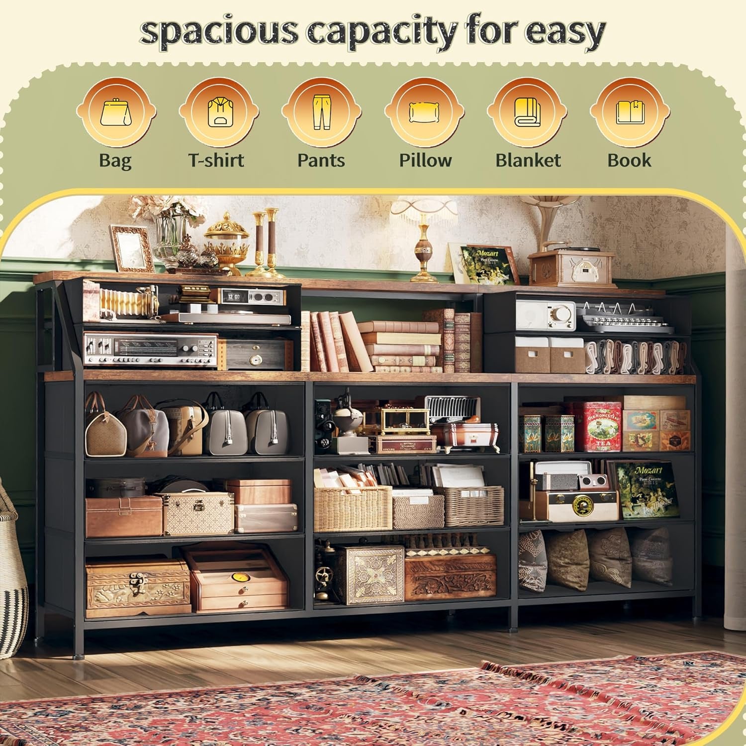 55" W Dresser for Bedroom with Deep Fabric Drawers, Long Chests of Drawers with 2 Open Wooden Shelves, Large Vanity Dressers for Dorm, Entryway, Rustic Brown, 55.1" W X 35.4" H X 11.4" D