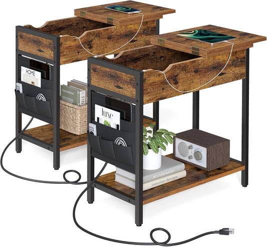 Side Tables with Storage, Set of 2 End Tables with USB Ports and Outlets, Nightstands with Charging Stations, Fabric Bags, for Living Room, Bedroom, Rustic Brown and Black ULET315B01V1