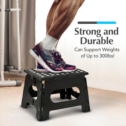 Folding Step Stool - Sturdy Enough Collapsible Stool to Support Adults and Safe Enough for Kids - Opens Easy with One Flip - Great for Kitchen, Bathroom or Bedroom (Black - 9 Inch)