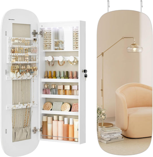 Jewelry Organizer, LED Jewelry Cabinet Wall/Door Mounted, Lockable Rounded Wide Mirror with Storage, Interior Mirror, 3.9 X 16.5 X 42.5 Inches, White Surface with Greige Lining