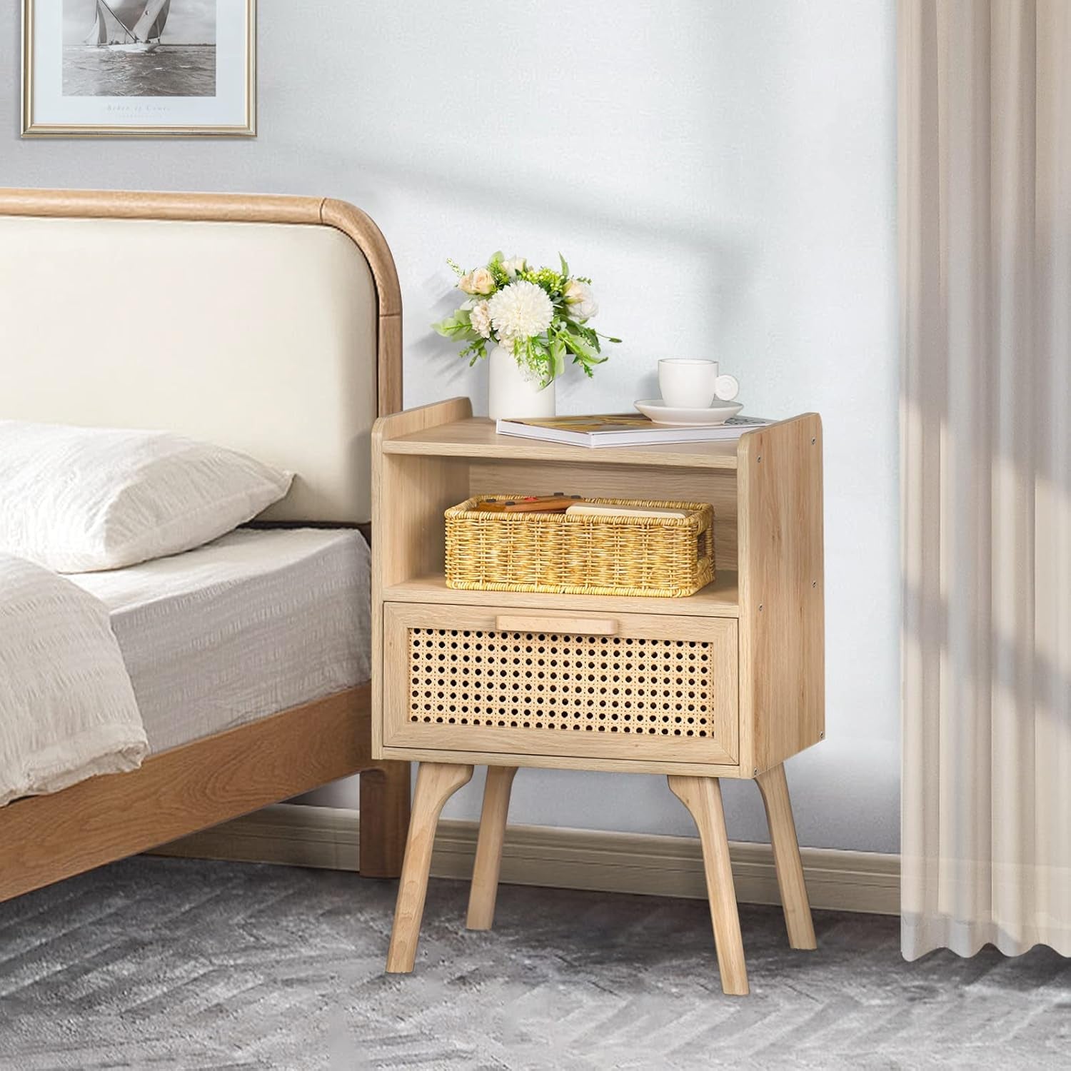 Rattan Nightstand, Boho Side Table with Drawer Open Shelf, Cane Accent Bedside End Table with Solid Wood Legs for Bedroom, Dorm and Small Spaces (Natural)