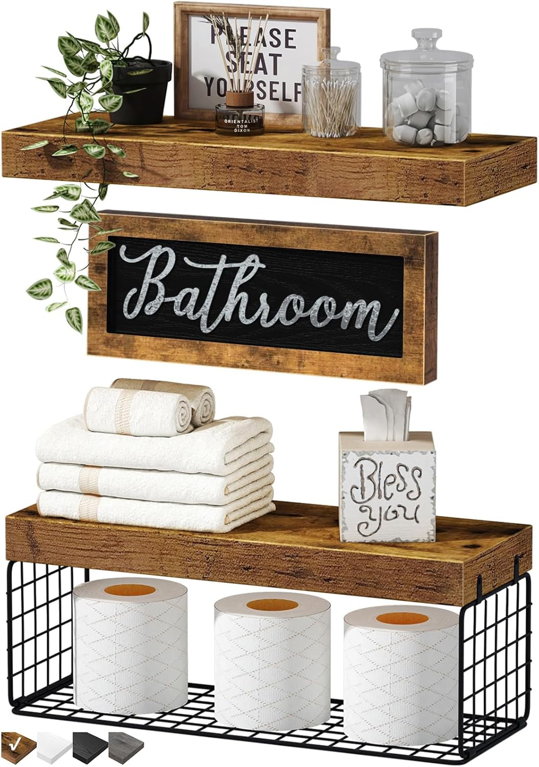 ‎Bathroom Shelves over Toilet - Paper Storage Wall Mounted Farmhouse Decor Decorations Aesthetic Décor Sign Small Floating Shelf 2+1 Set 16 Inch, Rustic Brown (020BN)