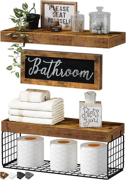 ‎Bathroom Shelves over Toilet - Paper Storage Wall Mounted Farmhouse Decor Decorations Aesthetic Décor Sign Small Floating Shelf 2+1 Set 16 Inch, Rustic Brown (020BN)
