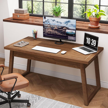 Home Office Executive Desk: 55 Inches Wooden Computer Desk with Drawer, Mid-Century Modern Study Writing Table, Rustic PC Laptop Desk Workstation Furniture, Walnut Brown