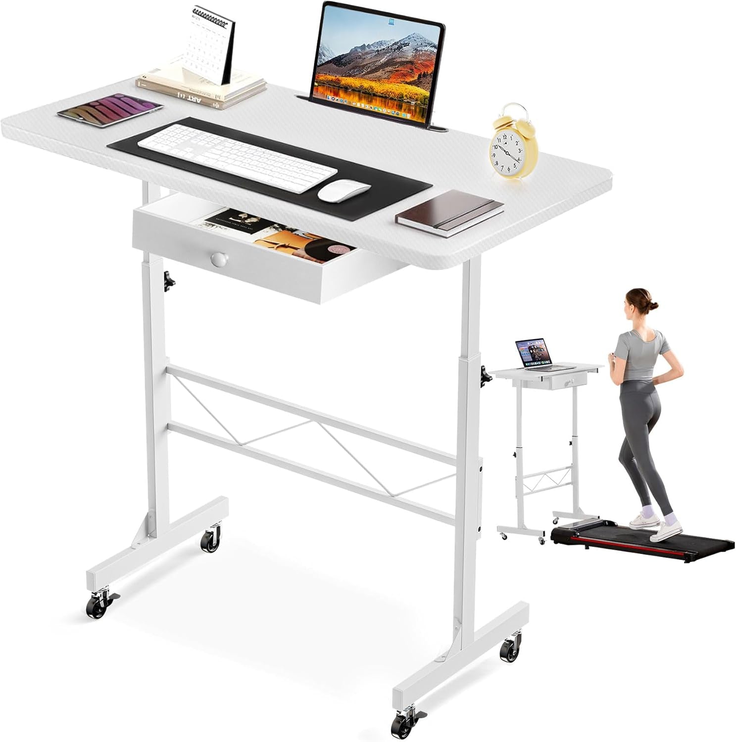 Small Standing Desk Adjustable Height Small Computer Desk Mobile Portable Rolling Laptop Table with Wheels 32" Computer Workstation Sit Stand Desks Portable Standing Table Treadmill Desks
