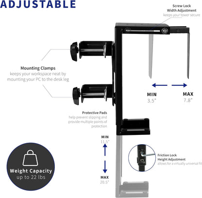 Adjustable Clamp-On Desk Leg PC Mount, under Desk PC Mount, Computer Case CPU Holder with Tool-Free Installation, Black, MOUNT-PC01C