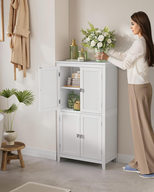 Floor Storage Cabinet, Freestanding Storage Unit with 4 Doors, Adjustable Shelves, 11.8 X 23.6 X 43.3 Inches, for Entryway, Bathroom, White UBBC552P31