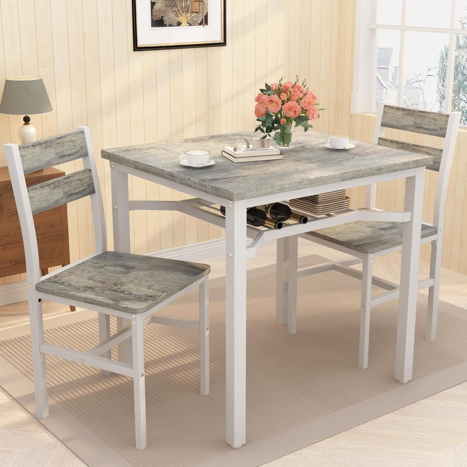 3 Piece Dining Table Set for 2, Small Wooden Kitchen Table with Storage, Farmhouse Square Dinette Set for Dining Room, Breakfast Nook, Apartment, Small Space