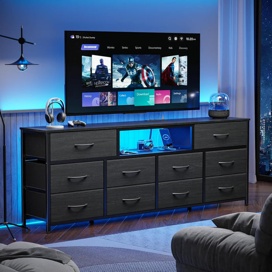 63” Long Dresser for Bedroom, TV Stand for 65 to 75 Inch TV, Black Dresser with 10 Fabric Drawers, Chest of Drawer for Closet, Entertainment Center with Power Outlet & LED Light