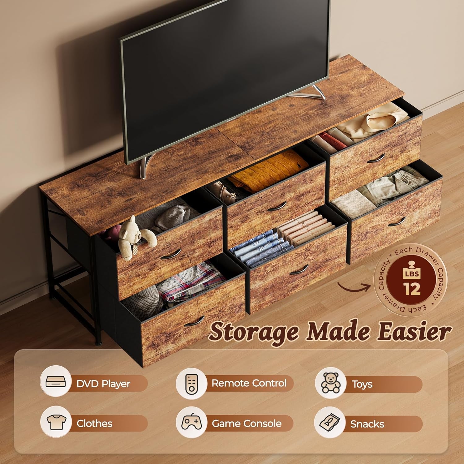 63 Inch Long Dresser for Bedroom, Wide TV Stand for 55, 65, 70 Inch TV, 6 Drawer Dresser for Closet with Fabric Drawers, Storage Organizer for Bedroom, Entryway, Rustic Brown
