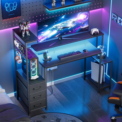 48 Inch Gaming Desk with LED Lights & Power Outlets,Computer Desk with Fabric Drawers & Side Hook,Reversible Gamer Table with Monitor Stand for Game Room,Home Office,Carbon Fiber Black