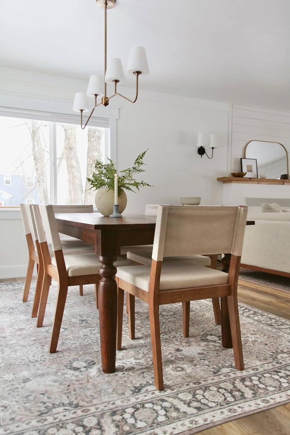 Linus Modern Upholstered Dining Chair with Solid Rubberwood Legs in a Wire-Brushed Light Brown Finish, Natural Flax/Brown