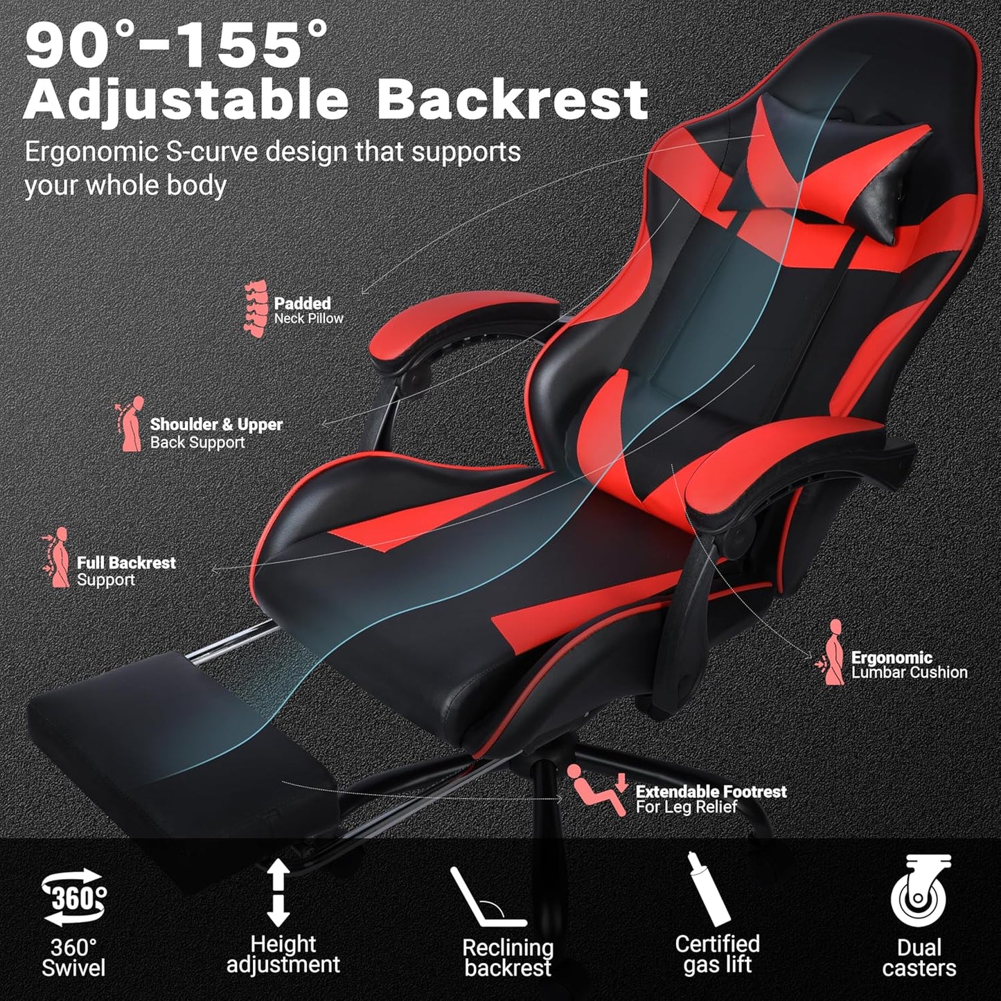 Gaming Chair, Ergonomic Computer Chair with Footrest and Lumbar Support, Height Adjustable Office Chair with 360° Swivel Seat and Headrest