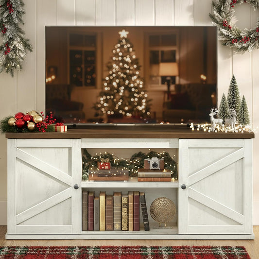 Farmhouse TV Stand for Tvs up to 65 Inches, Entertainment Center with Storage Cabinets and Sliding Barn Doors, Media Console Table for Living Room, Rustic White and Honey Brown ULTV535W01
