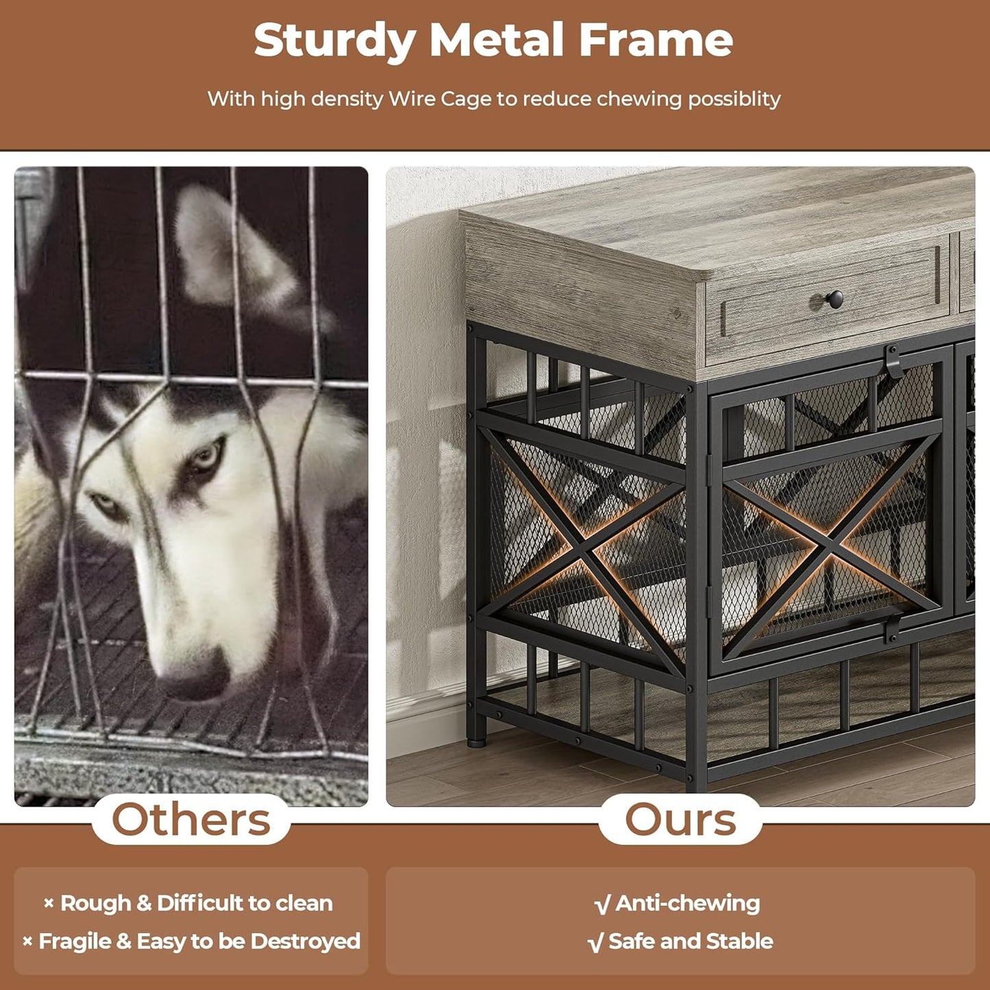 44 Inch Large Dog Crate Furniture, Wooden Dog Kennel with Storage Drawers for Medium/Large Dogs, Decorative Dogs Kennel Indoor, Light Ivory