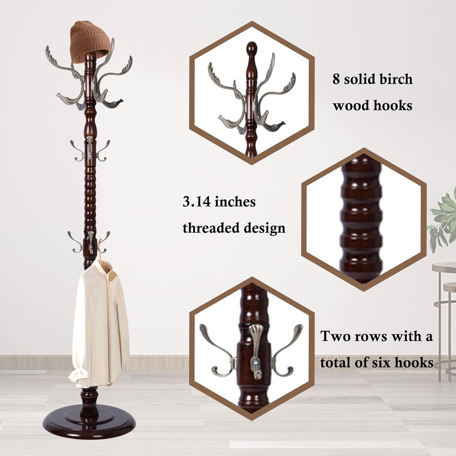 Coat Rack Stand, Solid Wooden Coat Tree with 11 Hooks, Heavy Duty Coat Rack Freestanding with Sturdy round Base, Natural Birch Wood Coat Hanger Stand for Entryway Bedroom (Circular)