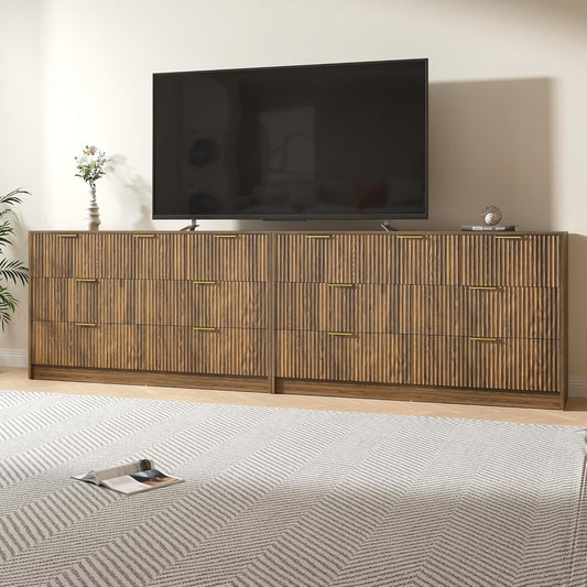 Walnut Dresser Set of 2, Long Dresser for Bedroom Wooden with 14 Drawers, Fluted Modern Bedroom Furniture Set, TV Stand Dressers & Chests of Drawers for Closet (15.7"D X 110.2"W X 31.8"H)