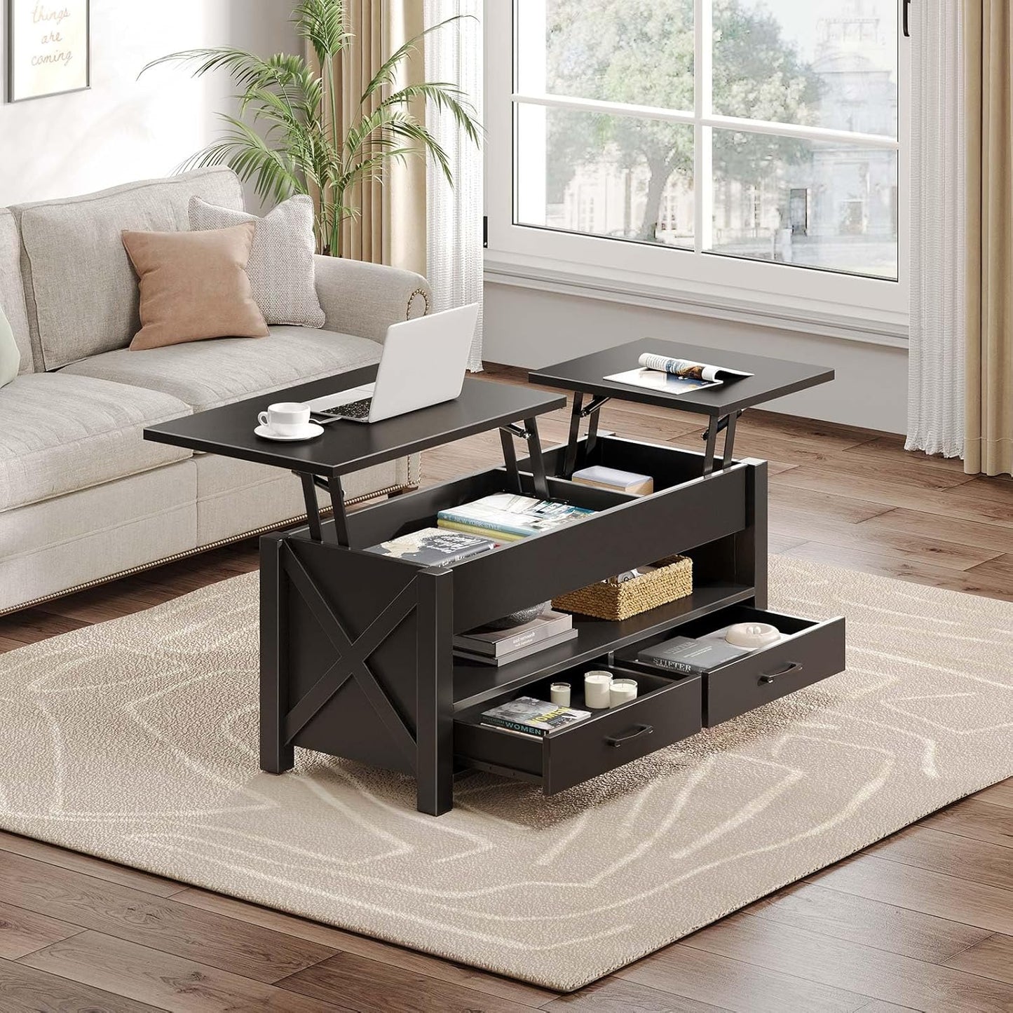 Coffee Table, 47.2" Lift Top Coffee Table with 2 Storage Drawers and Hidden Compartment, X Wood Farmhouse Support, Retro Center Table with Lift Tabletop for Living Room,Black