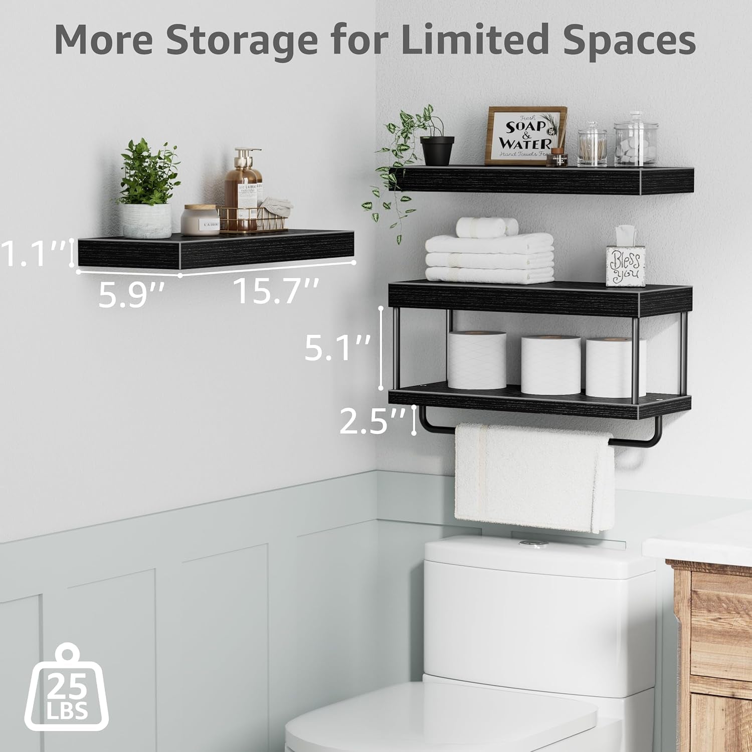 Bathroom Floating Shelves over Toilet - Wall Mounted Shelf Toilet Paper Storage Farmhouse 16 Inch Set of 3, Black (027-40B3)