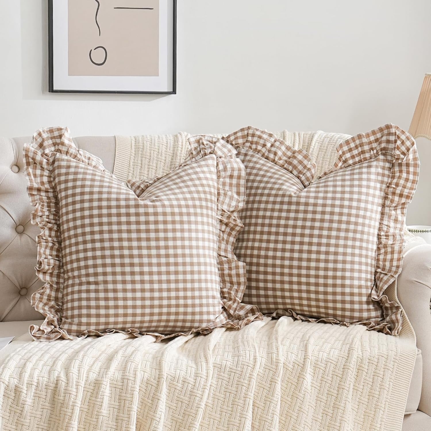 2 Pack Taupe/Brown Plaid Ruffle Throw Pillow Covers Farmhouse Checkered Chic Washed Cotton Pillowcases Gingham Pillow Shams for Bed, Sofa, Living Room-20"X20" Brown