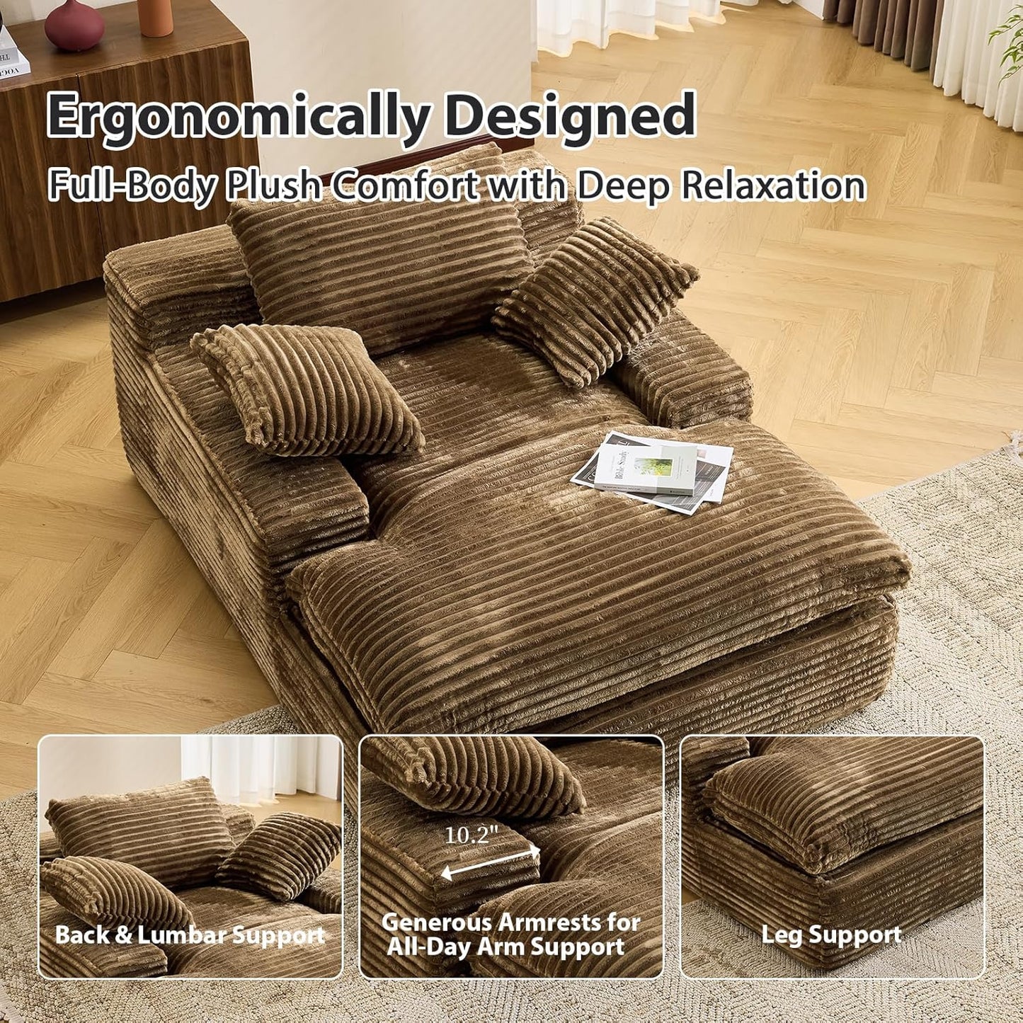 67 Inch Chaise Lounge Chair Indoor, Oversized Corduroy Upholstered Boneless Sofa Bed, Deep Seat Sleeper Couch Reading Chairs Cloud Sofas Couches for Living Room Bedroom, No Assembly Required, Brown