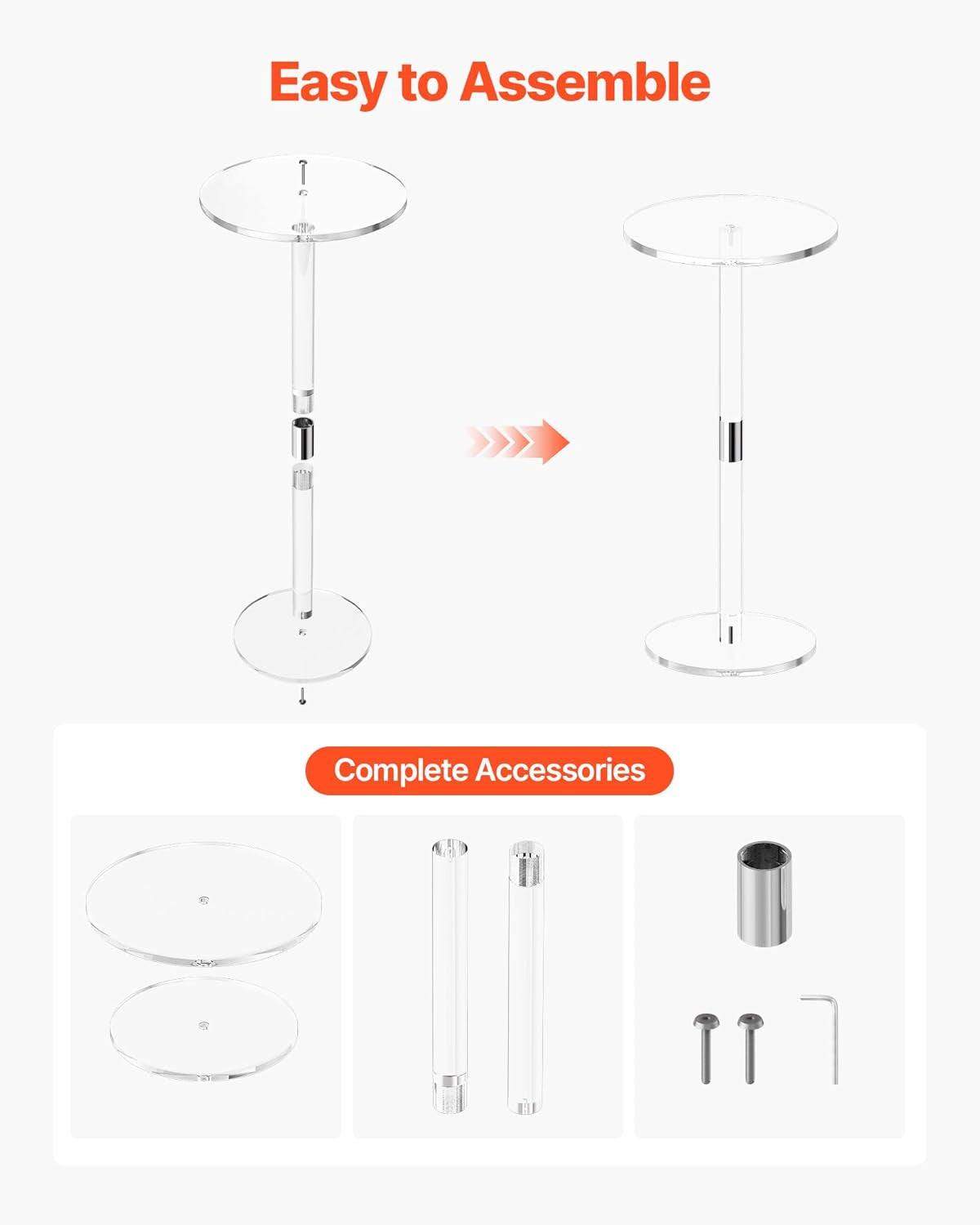 Acrylic Drink Table, Small round Side Table with Solid Post, Modern Clear End Table Transparent Cake Desk for Coffee, Cocktail, Dessert, Snack, Living Room, Bedroom, Bathroom, Easy Assembly