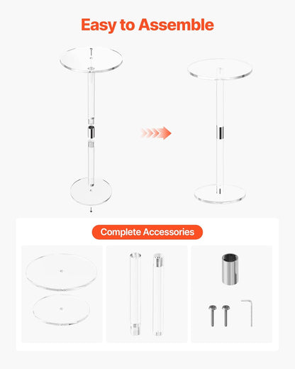 Acrylic Drink Table, Small round Side Table with Solid Post, Modern Clear End Table Transparent Cake Desk for Coffee, Cocktail, Dessert, Snack, Living Room, Bedroom, Bathroom, Easy Assembly