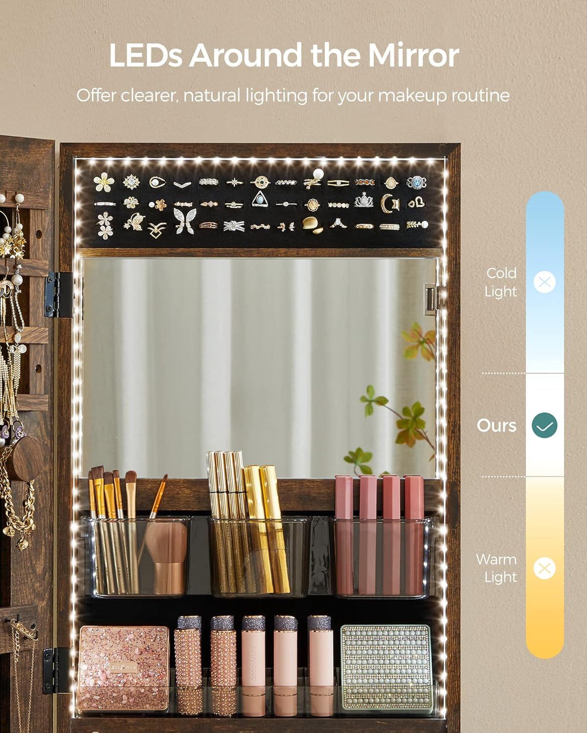 Mirror Jewelry Cabinet Armoire Organizer, Wall or Door Mount Storage Cabinet with Full-Length Frameless Lighted Mirror, Built-In Makeup Mirror, 2 Drawers, Lockable, Rustic Brown UJJC013X01