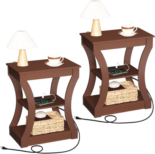 End Table Set of 2 with Charging Station, Side Table with USB Ports and Outlets, Nightstand, 3 Tier Bedside Table with Storage Shelf for Living Room, Bedroom, Small Space, Cherry ETWA53E01S2