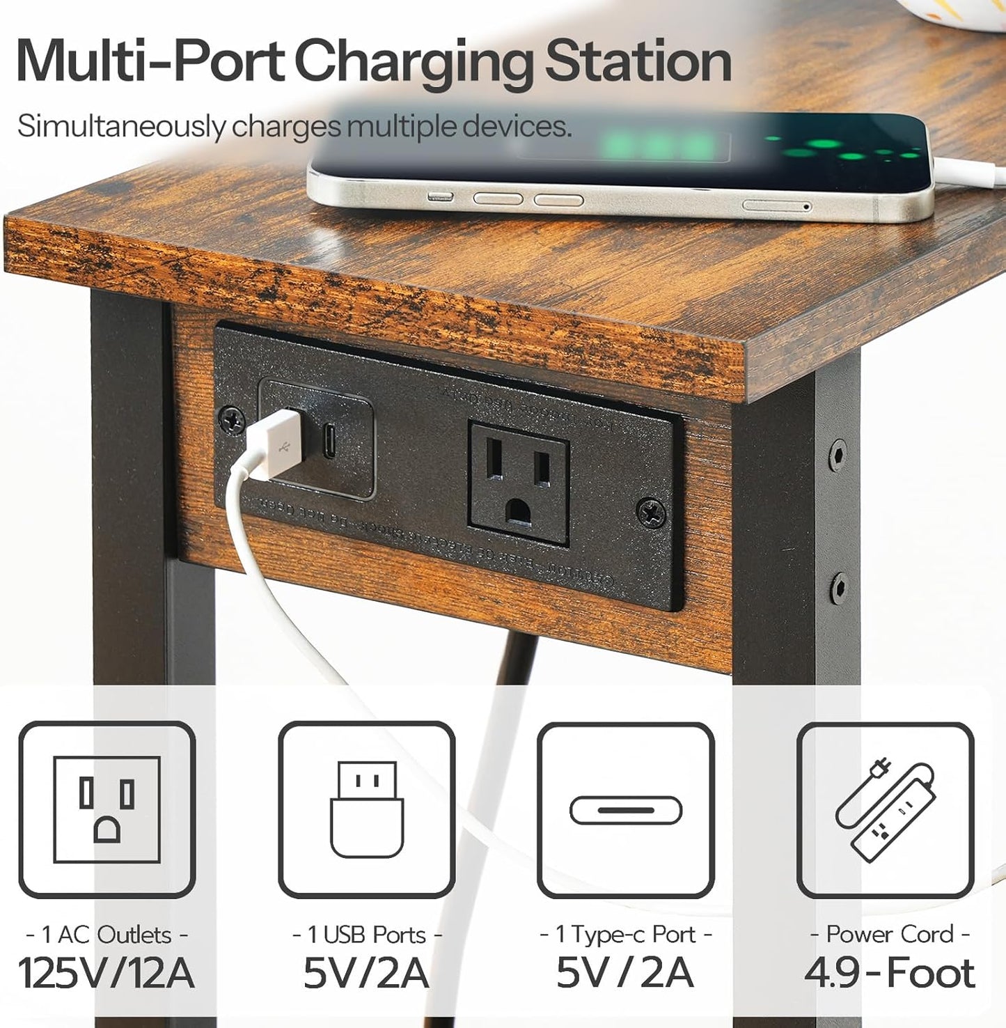Small End Table with Charging Station, Narrow Side Table with USB Port and Outlets, Skinny Sofa Table, Slim Nightstand, Living Room, Bedroom, Rustic Brown and Black BF240UBZ01