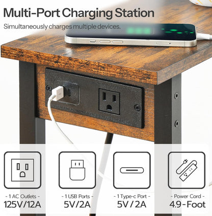 Small End Table with Charging Station, Narrow Side Table with USB Port and Outlets, Skinny Sofa Table, Slim Nightstand, Living Room, Bedroom, Greige and Black BG240UBZ01