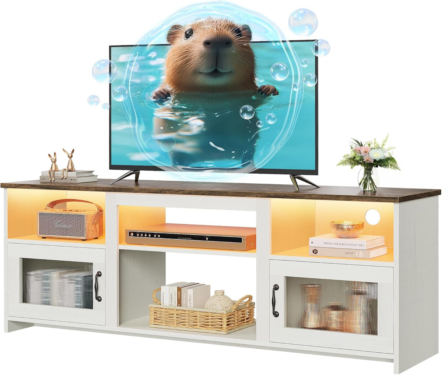 TV Stand for 60 Inch TV, TV Console Cabinet with Power Outlets and LED Lights, 54 Inch Entertainment Center, 2 Acrylic Cabinets, 4 Cable Holes, Open Shelves, for Living Room, Distressed White