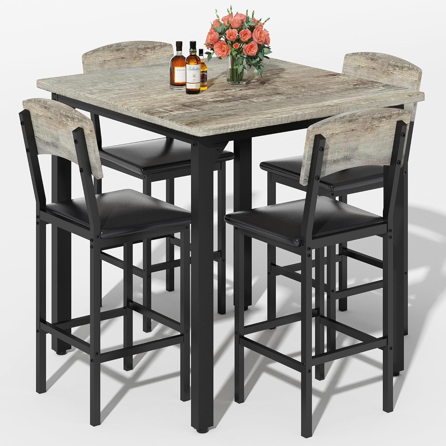 5-Piece Dining Table Set, Dining Table Set for 4, Counter Height Table & 4 Bar Stools, Modern Kitchen Dining Set, with Upholstered Chairs, Compact Dining Set for Small Spaces, Gray
