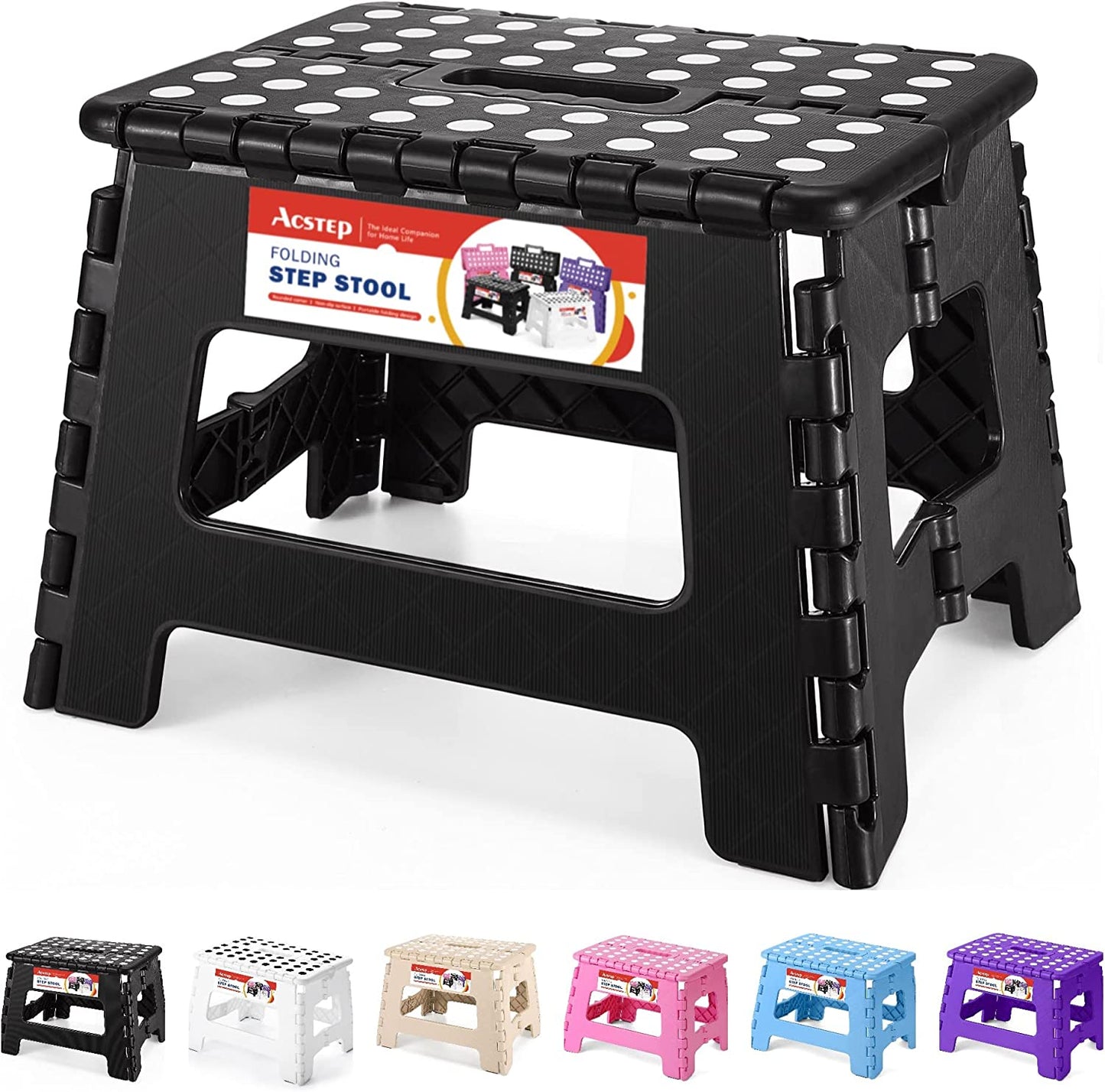 Folding Step Stool 9 Inch, Sturdy Collapsible Kitchen Step Stool Foldable for Kids, Toddlers & Adults, Non Slip Lightweight Foot Stools with Handle, Holds 300 Lbs Ideal for Bathroom Bedroom