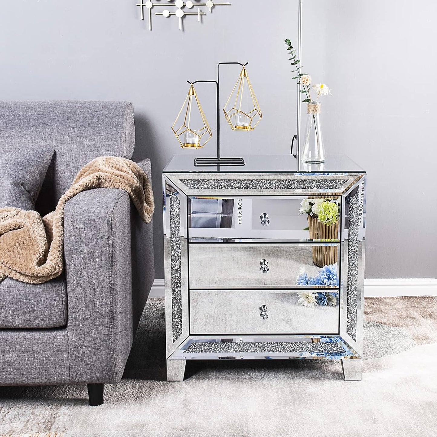 Mirrored Nightstands Set of 2, 23" W Glass Mirror Night Stand Set of 2, Modern Bedside Table 3 Drawer Glass Side End Table Silver Dresser for Bedroom, 23”W X 13.8”D X 24.8”H
