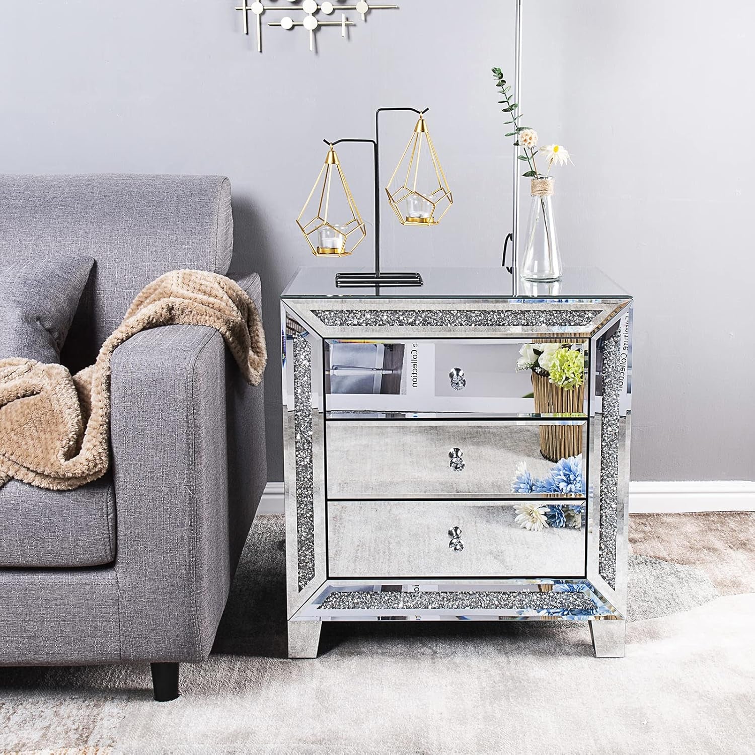 Mirrored Nightstands Set of 2, 23" W Glass Mirror Night Stand Set of 2, Modern Bedside Table 3 Drawer Glass Side End Table Silver Dresser for Bedroom, 23”W X 13.8”D X 24.8”H