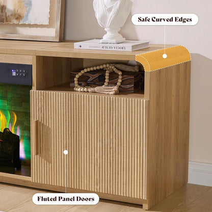 70" Fluted Fireplace TV Stand for Tvs up to 80", Modern TV Console with 30" Electric Fireplace & Storage Cabinets, Media Entertainment Center for Living Room, Natural Oak
