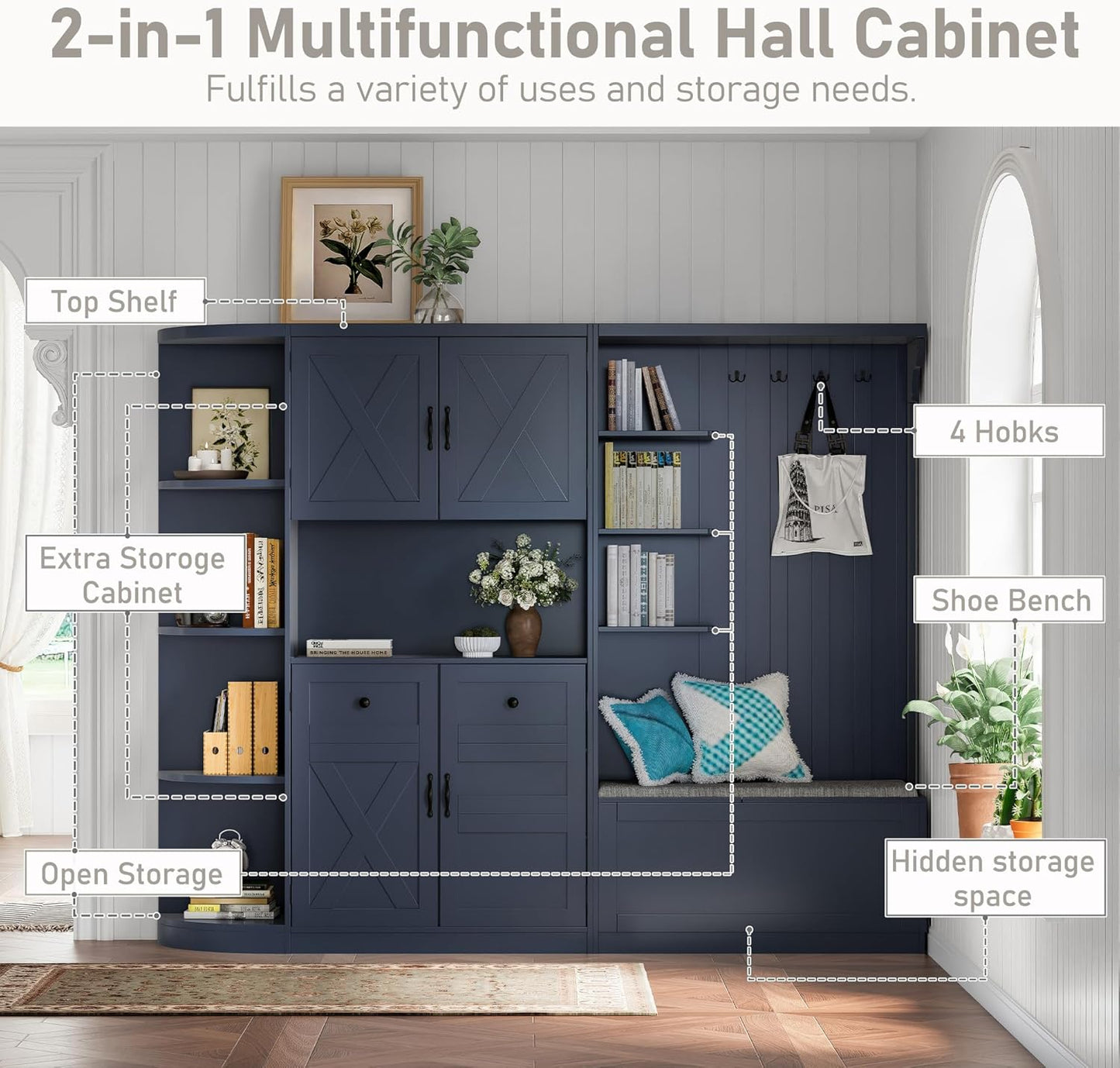 Hall Tree with Storage Cabinet, Hall Tree with 4 Hooks, Storage Cabinet for Living Room, Hallway, Enterway, Antique Blue