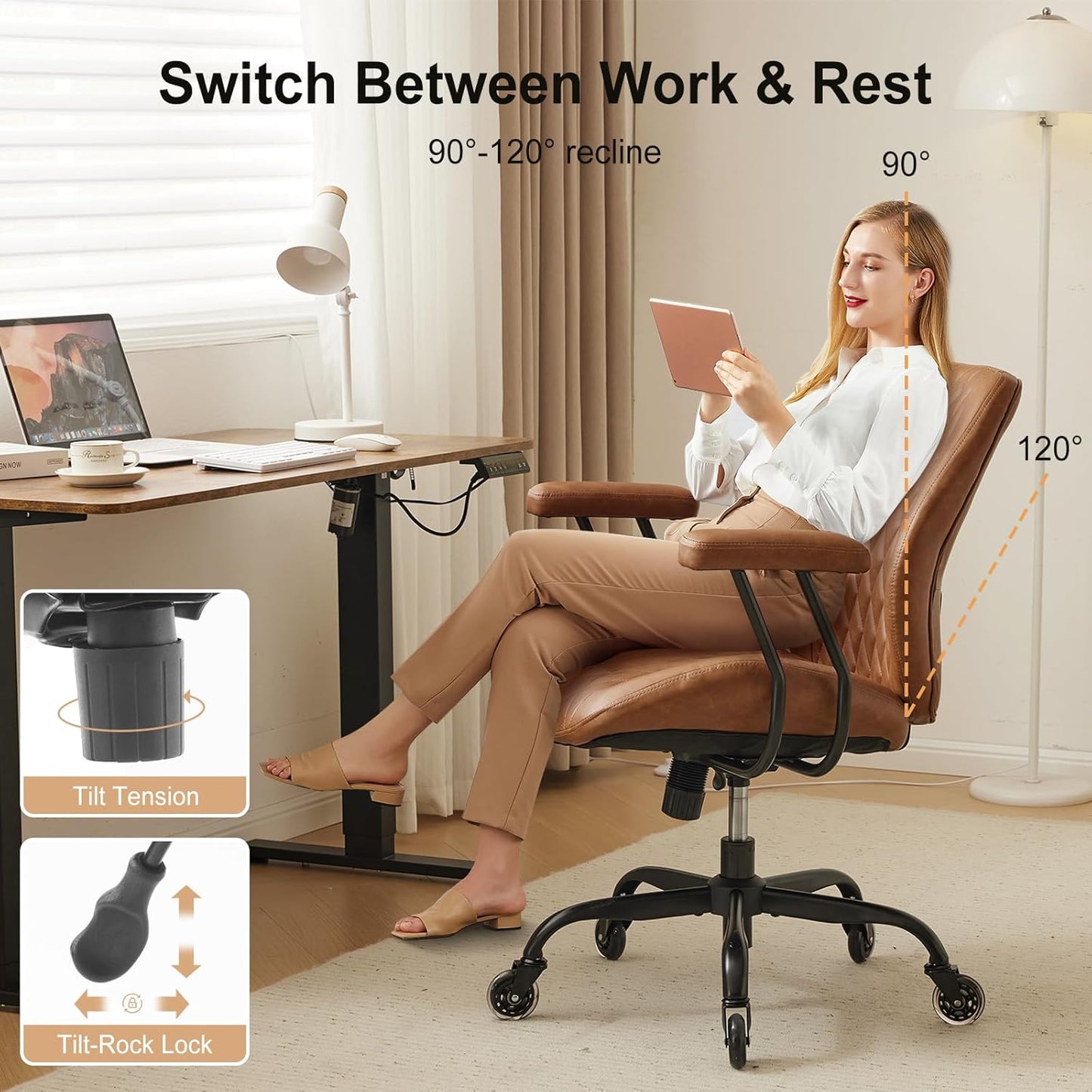 Home Office Desk Chair Office Rubber Casters Ergonomic Computer Chair with Lumbar Support Adjustable Height Rolling Swivel Executive Task Armrests Chair， Brown Leather