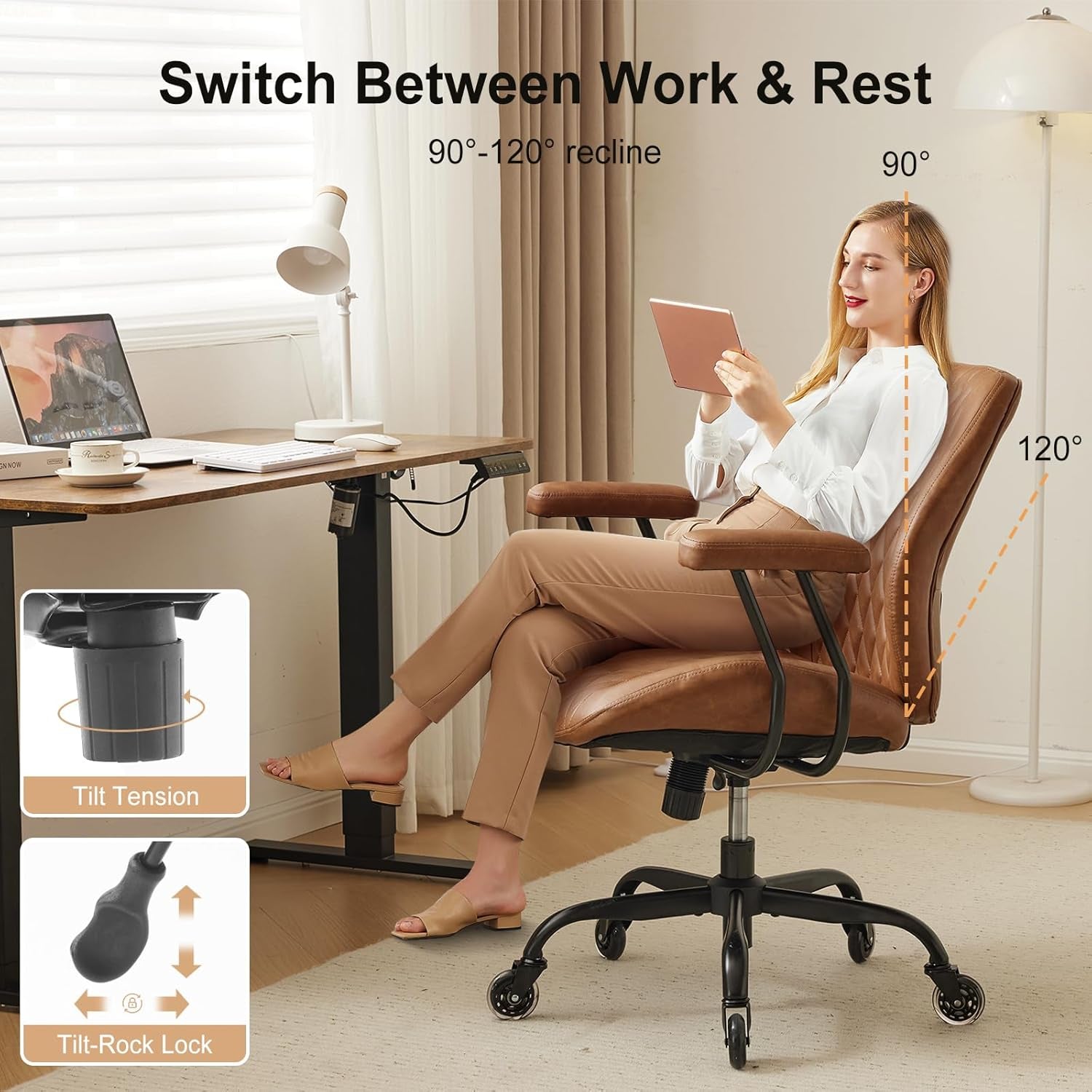 Home Office Desk Chair Office Rubber Casters Ergonomic Computer Chair with Lumbar Support Adjustable Height Rolling Swivel Executive Task Armrests Chair， Brown Leather