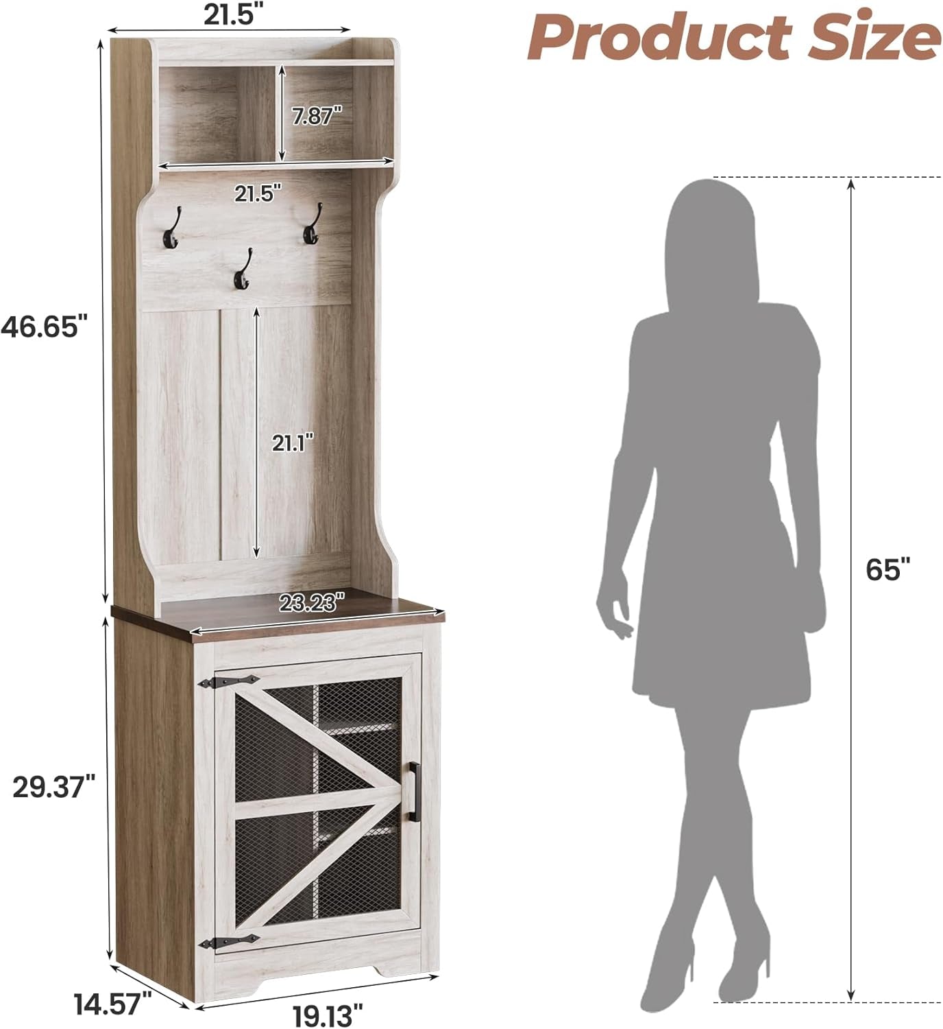 Farmhouse Hall Tree with Shoe Storage, 23" Entryway Narrow Coat Rack with 4 Cubbies, 3 Hooks & Mesh Barn Door, Coat Tree and Shoe Rack Entryway for Hallway, Living Room, Mudroom, Rustic White