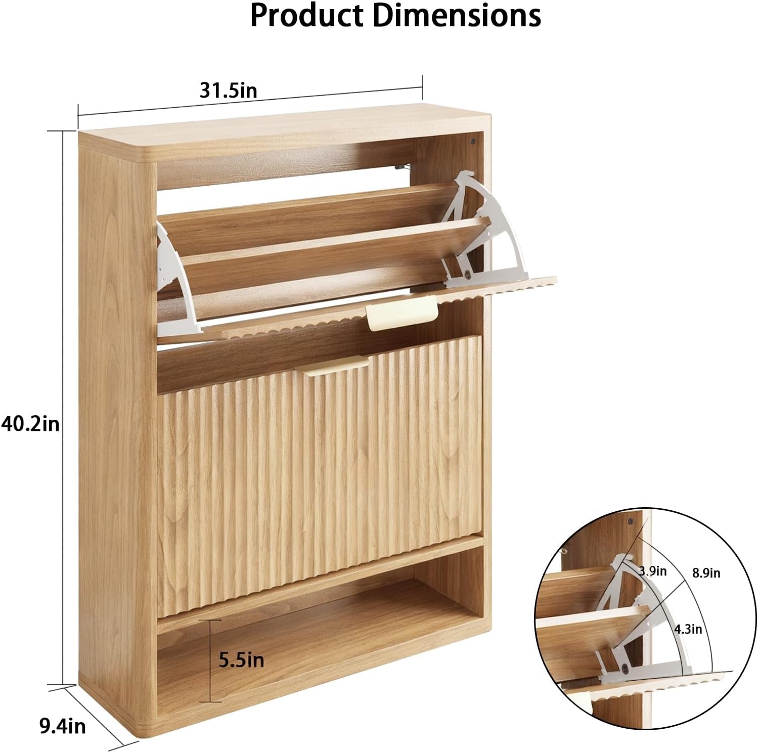 Fluted Shoe Cabinet Storage with 2 Flip Drawers, Narrow Shoe Storage Organizer for Entryway, Hidden Slim Wooden Shoe Rack Cabinet for Front Door Entrance, Hallway, Living Room (2-Drawer, Oak)