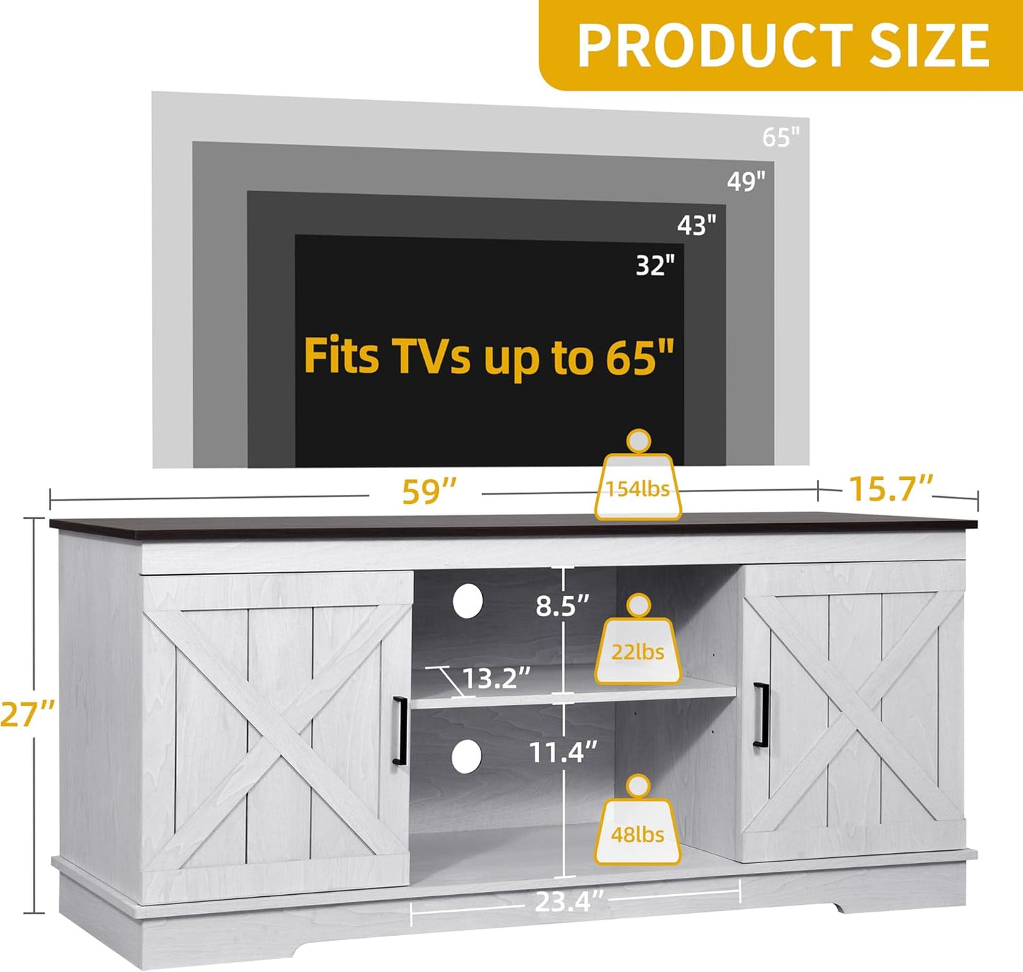 Farmhouse TV Stands for Living Room, Entertainment Center with Storage, TV Stand for 65 Inch TV with Double Barn Doors & Storage Cabinets, Rustic TV Cabinet Media Console, Espresso & Grey White