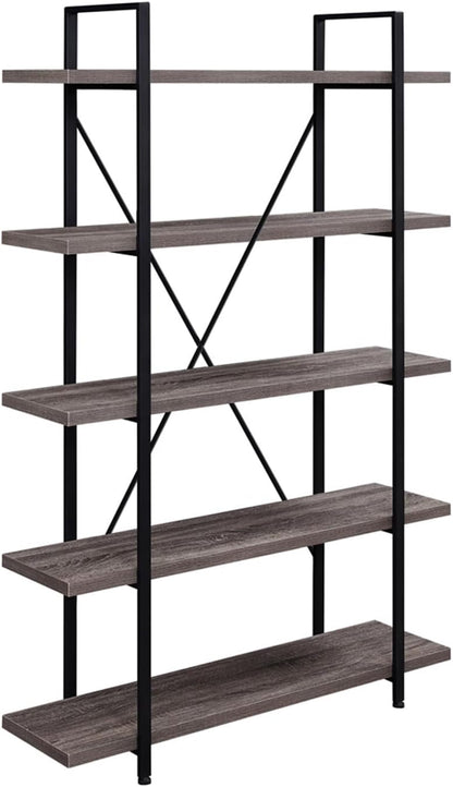 5-Shelf Vintage Industrial Rustic Bookshelf, 5 Tier Wood and Metal Bookcase, Open Etagere Book Shelf, Farmhouse Wooden Bookshelves, Light Grey Oak