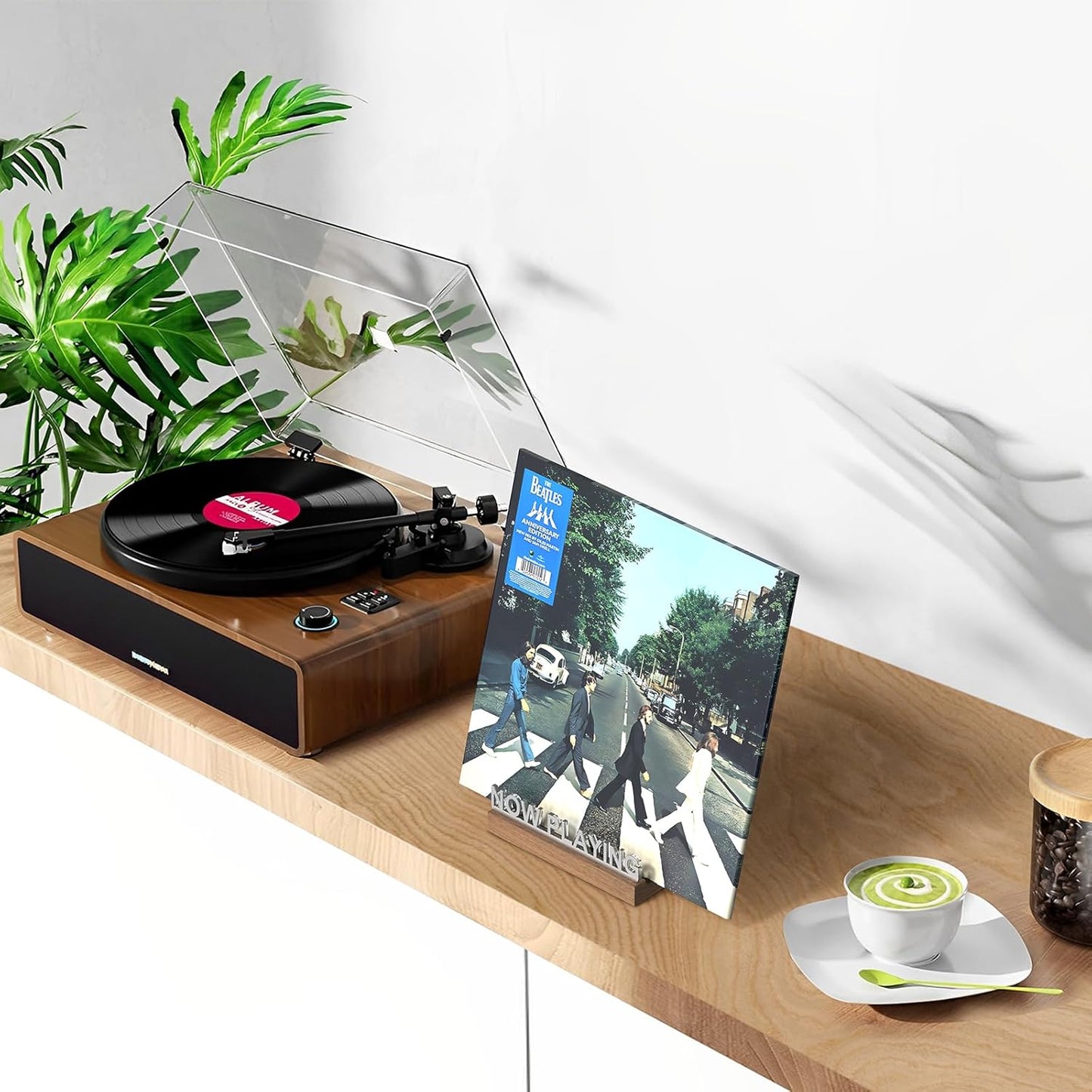 Now Playing Vinyl Record Stand, Light up Vinyl Record Display Stand, Holder for Album Display Storage, Warm White Light with Fingerprint-Proof Acrylic Letters (Silver Letters)