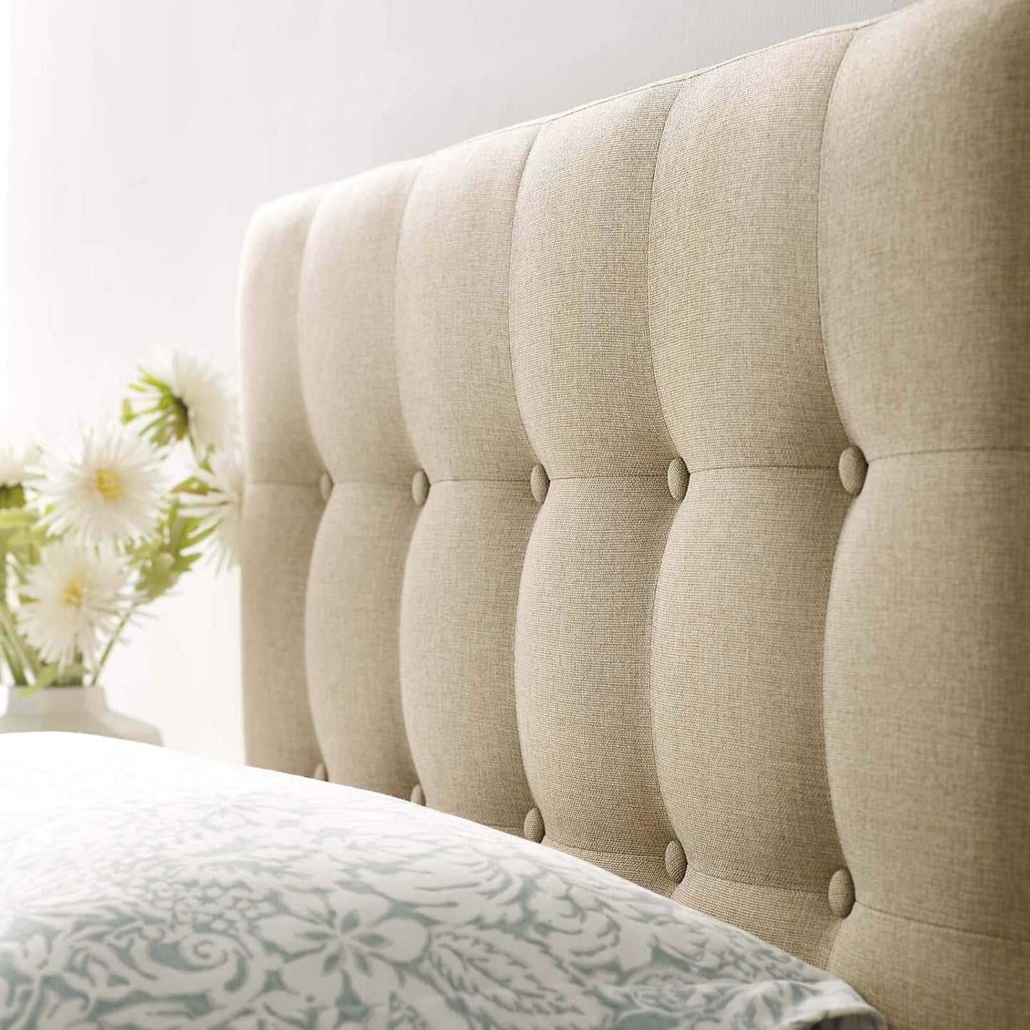 Emily Tufted Button Linen Fabric Upholstered Twin Headboard in Beige