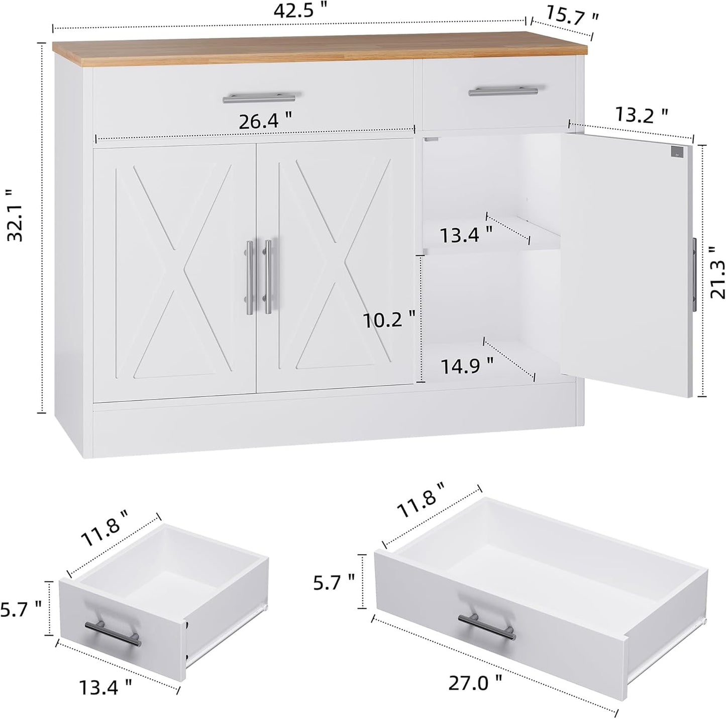 Modern Farmhouse Sideboard Buffet Cabinet with Storage with 3 Doors,42" Barn Doors Buffet Cabinet with Storage, Wood Coffee Bar Cabinets with Adjustable Shelf for Kitchen Living Room,White