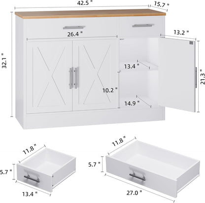 Modern Farmhouse Sideboard Buffet Cabinet with Storage with 3 Doors,42" Barn Doors Buffet Cabinet with Storage, Wood Coffee Bar Cabinets with Adjustable Shelf for Kitchen Living Room,White