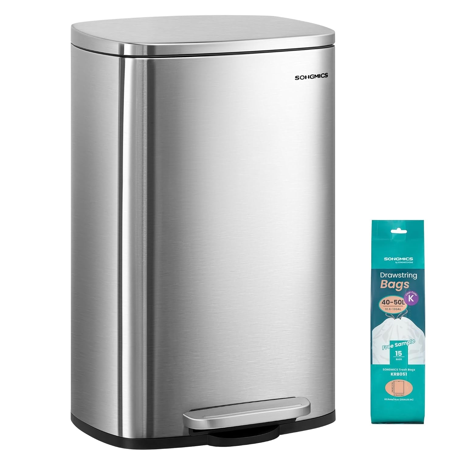 13 Gallon (50 L) Trash Can, Stainless Steel Kitchen Garbage Can, Recycling or Waste Bin, Soft Close, Step-On Pedal, Removable Inner Bucket, Silver ULTB050E01