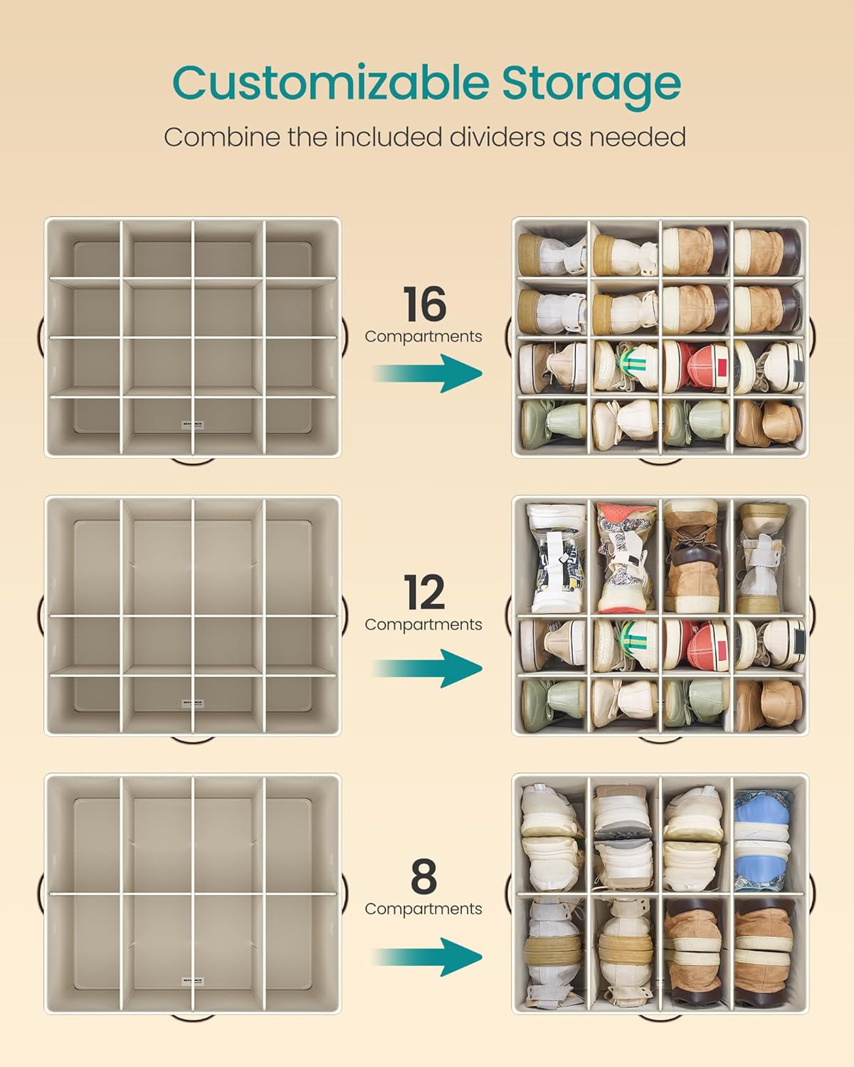 Shoe Organizer for Closet, Shoe Storage Bin, Fits 16 Pairs, Fabric Container with Handles and Clear Cover, Adjustable Dividers, Customizable, Cappuccino Beige ULSP555K01